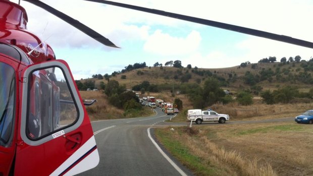 The Rescue 500 Brisbane helicopter at the scene of a crash near Lowood and Fernvale in the Somerset region.