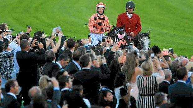 Luke Nolen lets the Royal Randwick crowd get up close and personal with Black Caviar following her 25th win from 25 starts.