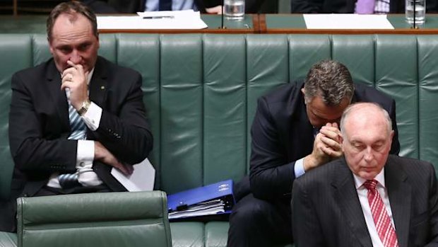 Agriculture Minister Barnaby Joyce, Treasurer Joe Hockey and Acting Prime Minister Warren Truss on Thursday. Photo: Alex Ellinghausen