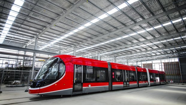 Canberra's first light rail vehicle at its depot in Mitchell. A federal parliamentary inquiry has launched an inquiry into the second stage of the project. 