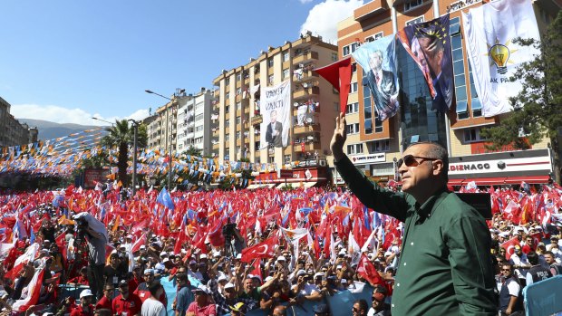 Turkey's President Recep Tayyip Erdogan addresses supporters of his ruling Justice and Development Party (AKP)  in Kahramanmaras, eastern Turkey.