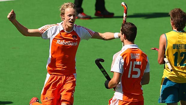 Tim Jenniskens of the Netherlands celebrates after teammate Sander Baart scored against Austraila.