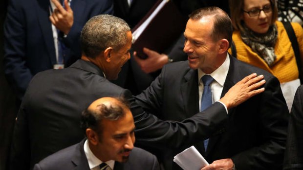 Tony Abbott meeting US President Barack Obama at the UN Security Council meeting. Pool photo, supplied.