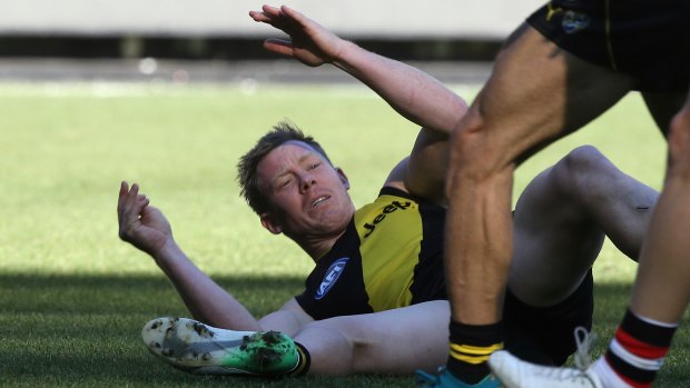 Jack Riewoldt hits the deck but will play against the Bombers.