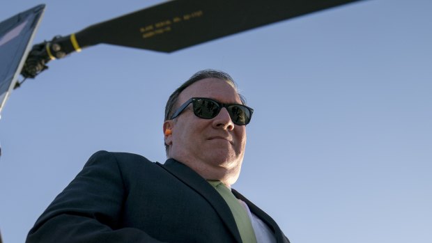 US Secretary of State Mike Pompeo arrives at Camp Alvarado in Kabul, Afghanistan after meeting with Afghan President Ashraf Ghani on July 9.