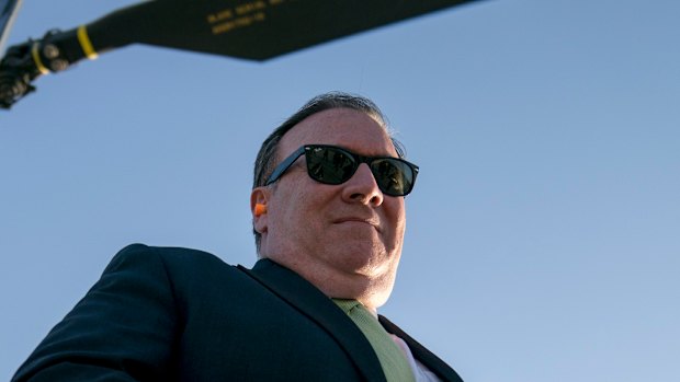 US Secretary of State Mike Pompeo arrives at Camp Alvarado in Kabul, Afghanistan after meeting with Afghan President Ashraf Ghani on July 9.