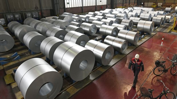 Steel coils are stored  at the Thyssenkrupp steel factory in Duisburg, Germany. 