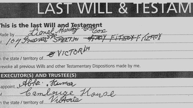 Part of Lionel Cox's Will.