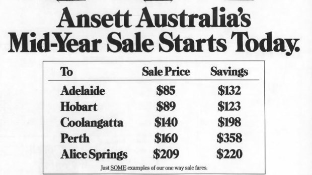 Cheap flights! The Ansett ad in The Age on July 1, 1991.