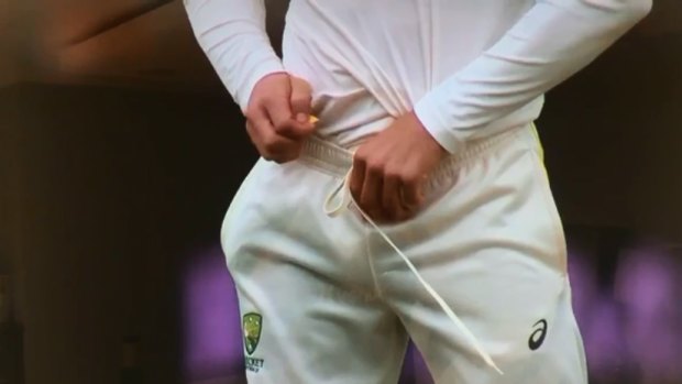 Cameron Bancroft hiding the infamous sandpaper.  