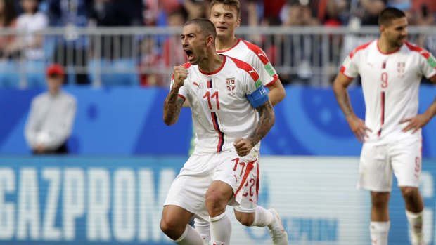 Serbia's Aleksandar Kolarov celebrates scoring the winner against Costa Rica.