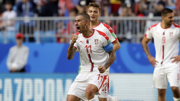 Serbia's Aleksandar Kolarov celebrates scoring the winner against Costa Rica.