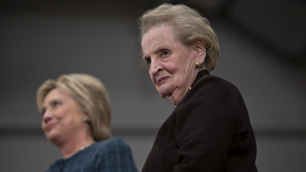 Madeleine Albright joins Hillary Clinton on the presidential campaign in 2016. 