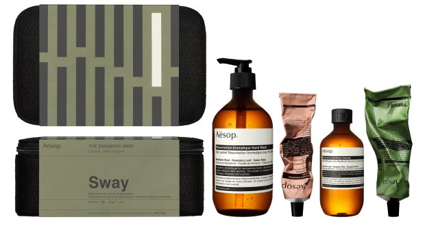 A sample kit of Aesop soaps and creams.