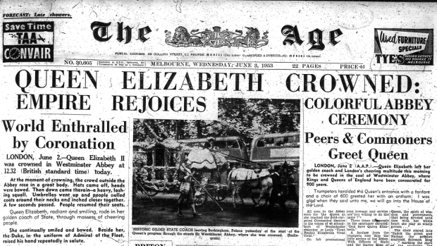 The front page of The Age the next day on June 3, 1953.