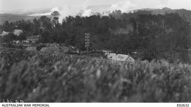 The view from from the high ground above Sailly-le-Sec. A note by Sergeant A. Brooksbank reads: "Gas shell bursts. On extreme left, shell exploded some seconds prior to photo, liquid is still evaporating and vapour is keeping close to ground. In centre shells have just exploded; temporary uplift of gas, due to force of explosion is shown."