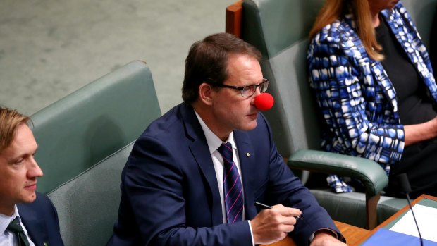 Labor MP Luke Gosling with a red nose to raise awareness of  Sudden Infant Death Syndrome during question time on Thursday.