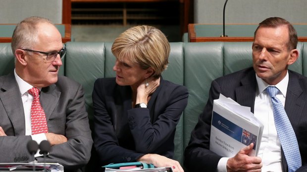 Communications Minister Malcolm Turnbull, Foreign Affairs Minister Julie Bishop and Prime Minister Tony Abbott during question time on Thursday.