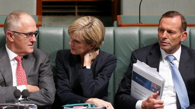 Communications Minister Malcolm Turnbull, Foreign Affairs Minister Julie Bishop and Prime Minister Tony Abbott during question time on Thursday.