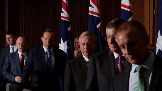 Prime Minister Tony Abbott with state premiers and chief ministers at the COAG press conference. Photo: Andrew Meares