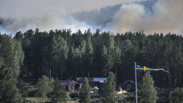 Smoke rises from just beyond a bank of trees and homes, as a wildfire threatens large tracts of land, outside Ljusdal, Sweden, on Tuesday.