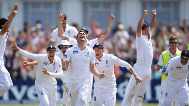 Jimmy Anderson (centre) leads the celebration after the third umpire delivers him the wicket of Brad Haddin - and with it a 14-run victory for England over Australia.