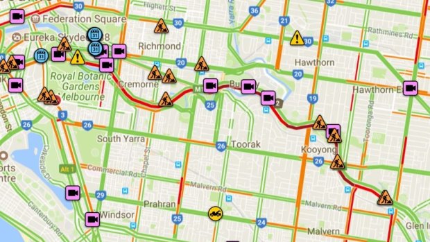The VicRoads traffic map shows how the breakdown is causing delays back to Toorak Road.
