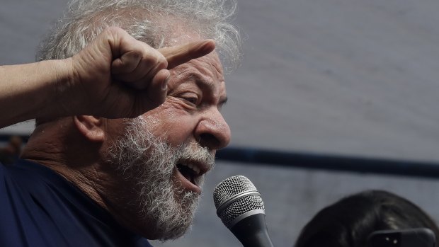 Brazilian former President Luiz Inacio Lula da Silva delivers a speech  in Sao Bernardo do Campo, Brazil, on Saturday, in which he said he would surrender to police.