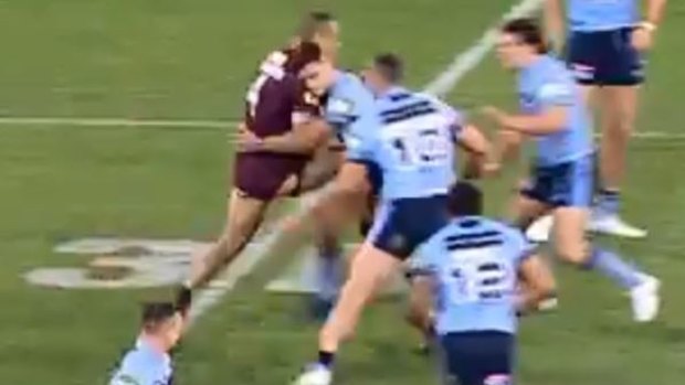Dangerous: Will Chambers raising his knee into Nathan Cleary in Origin I.