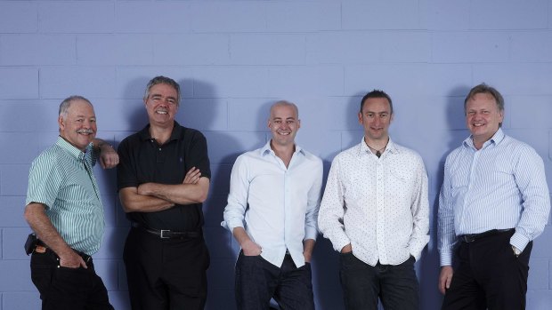 Connect2Field CEO Steve Orenstein (centre) with former board members and investors, from left, Paul Orenstein, Gavin Partridge, Ben Kepes, Chris Woodforde.