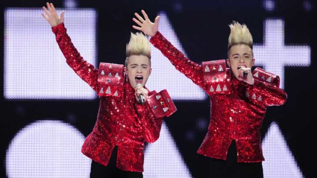 Irish duo Jedward, comprising twins John and Edward Grimes, perform in the Eurovision final.