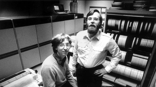 In 1981, computers the size of refrigerators and cabinets of tapes for reel-to-reel computer tape drives lined the walls in the small offices of Microsoft founders Bill Gates, left, and Paul Allen.