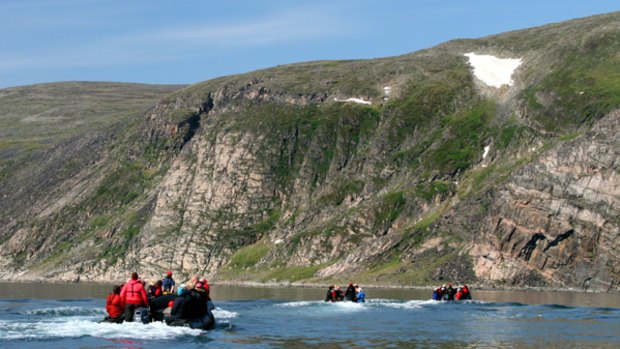 Arctic grit ... inflatable boats head for a shore excursion at Douglas Harbour.