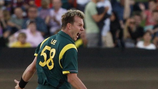 Australia's Brett Lee celebrates taking the wicket of Sri Lanka's Kumar Sangakkara in the third match of their international cricket tri-series finals in Adelaide.