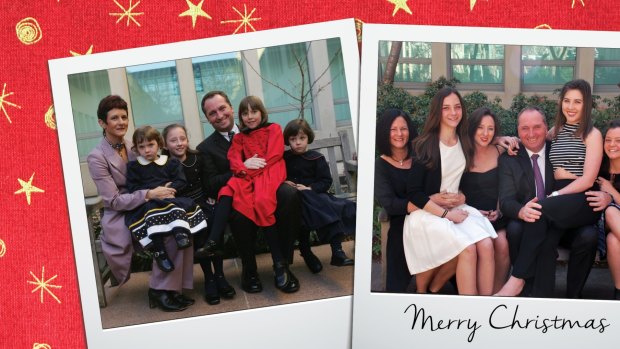 The 2015 Christmas card that Barnaby Joyce will be mailing out which shows him and his family in 1995 on a bench outside Parliament House and a re-enactment photo shot this year.