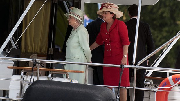 Premier Anna Bligh flirts with royal etiquette disaster on the Brisbane River.