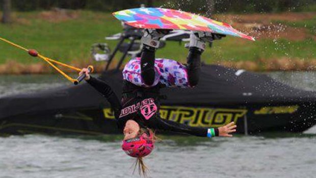 Fearless ... Under 9's national wakeboarding champion Zahra Kell demonstrates one of the flips in her wakeboarding repertoire.
