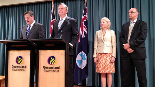 Treasurer Tim Nicholls, with Peter Costello, who will head a commission of audit for the new Liberal National Party Government.