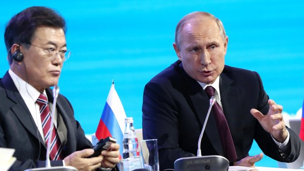South Korea's President Moon Jae-in, left, with Russian President Vladimir Putin last week.