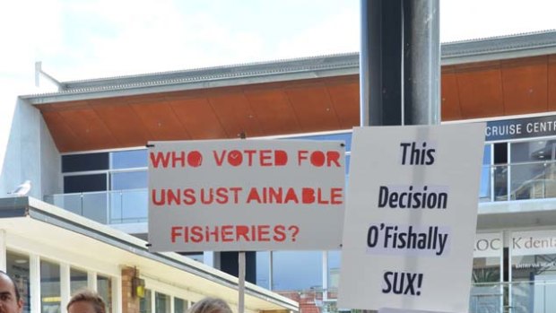 Workers at Cronulla Fisheries Research Centre and their supporters protest in the main shopping mall of Cronulla.