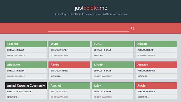 A screenshot of justdelete.me.