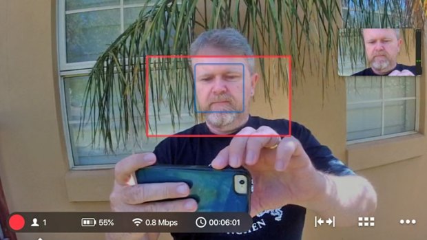 The view from the Mevo app, with the camera view marked by the red rectangle.
