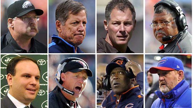 The fired head coaches and management are, top row (L to R), Philadelphia Eagles head coach Andy Reid; San Diego Chargers head coach Norv Turner; Cleveland Browns head coach Pat Shurmur and Kansas City Chiefs head coach Romeo Crennel.  On the bottom row (L to R), New York Jets General Manager Mike Tannenbaum; Arizona Cardinals head coach Ken Whisenhunt; Chicago Bears head coach Lovie Smith and Buffalo Bills head coach Chan Gailey.