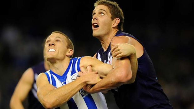 Eyes on the prize: Drew Petrie and Aaron Sandilands wrestle for position in last year's round-22 match at Etihad Stadium.