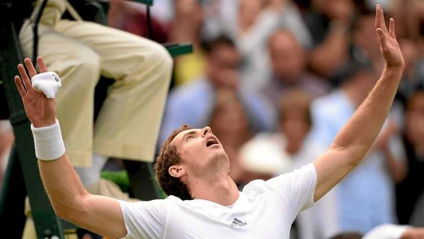 Andy Murray of Great Britain celebrates his men's quarter-final victory over Spaniard Fernando Verdasco at Wimbledon.