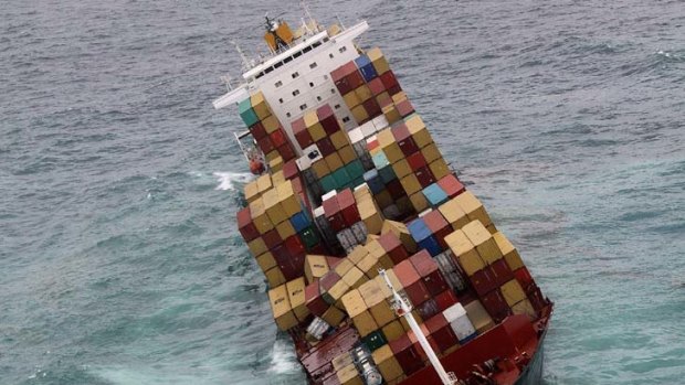 Environmental catastrophe ... the 47,000 tonne Rena, a Liberan container vessel, struck a reef on Wednesday causing an oil leak that has spread over five kilometres.