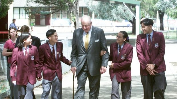 Changed a generation: Gough Whitlam after speaking at Cabramatta High School in 2001. One of his key aims  was to keep Australian children at school.  When he came to power only three of every 10 students finished secondary school; now more than eight of every 10 do.