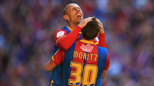 'Fairytale' ... Kevin Phillips celebrates victory with Andre Moritz after Crystal Palace's victory over Watford.
