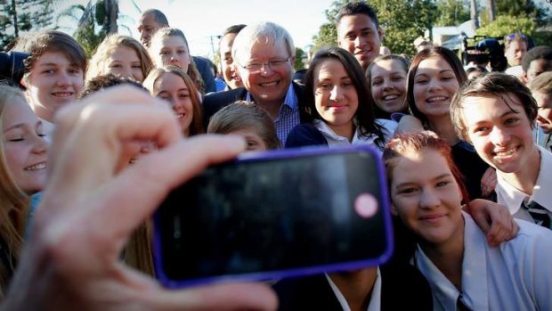 Prime Minister Kevin Rudd at a rally outside the  Nyanda High School in Brisbane.