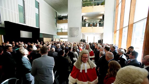 Judges and guests at the opening of the Queen Elizabeth II Courts of Law building in Brisbane.